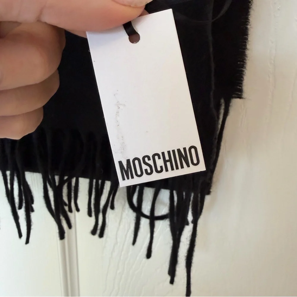 Moschino Black Iridescent Logo Fringe Wool Scarf